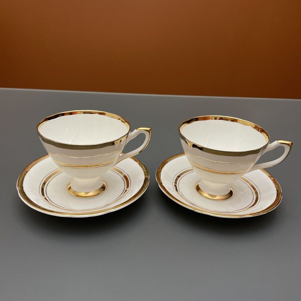 NTG CROWNFORD Bone China Tea Cup & Saucer White Gold Pattern Trim England 2 sets